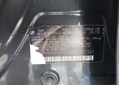 2011 BMW 535I xDrive из США, поврежденный, VIN WBAFU7C56BC777361